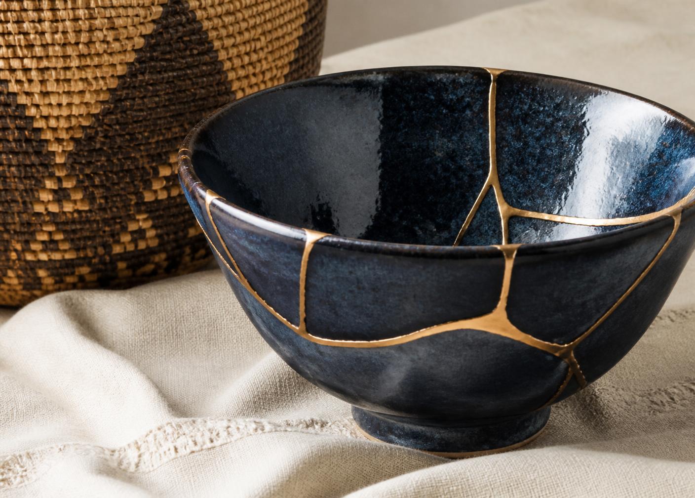 A navy ceramic bowl repaired with gold kintsugi seams